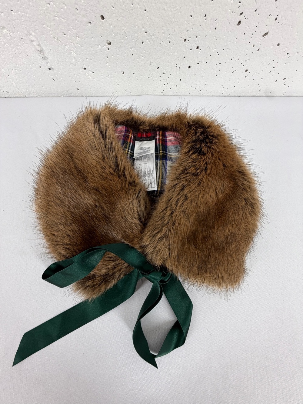 J. Crew Brown Faux-Fur Green Satin Tie Collar